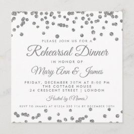 Invitación Ensayo Cena Plata Purpurina Confetti Blanco