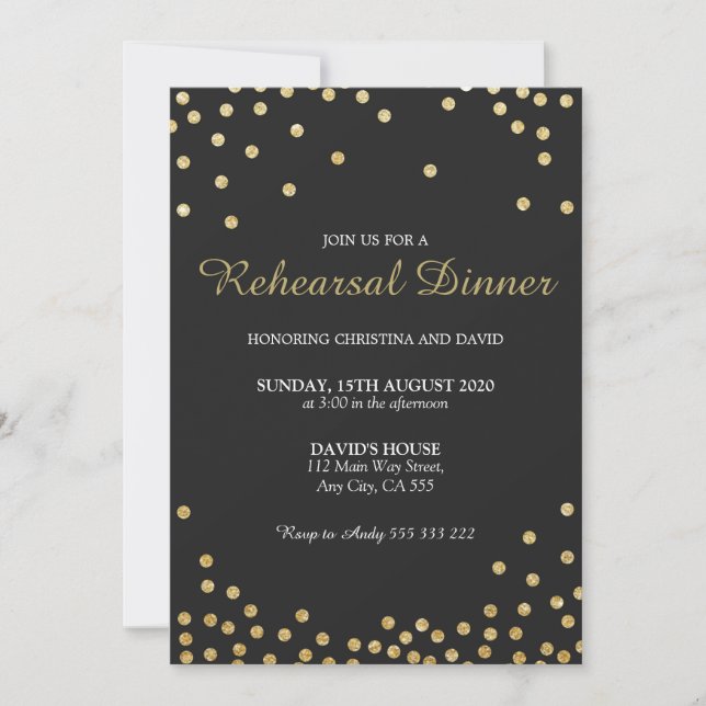 Invitación Ensayo Cena Purpurina de oro Confetti Elegante (Anverso)
