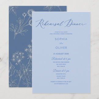 Invitación ensayo clásico de caligrafía floral azul polvorien