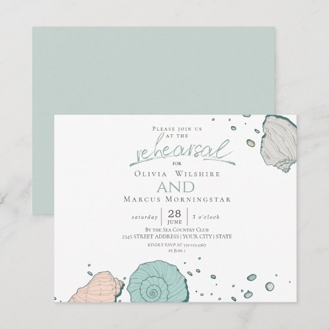 Invitación Ensayo | Coral y Verde azulado (Anverso / Reverso)