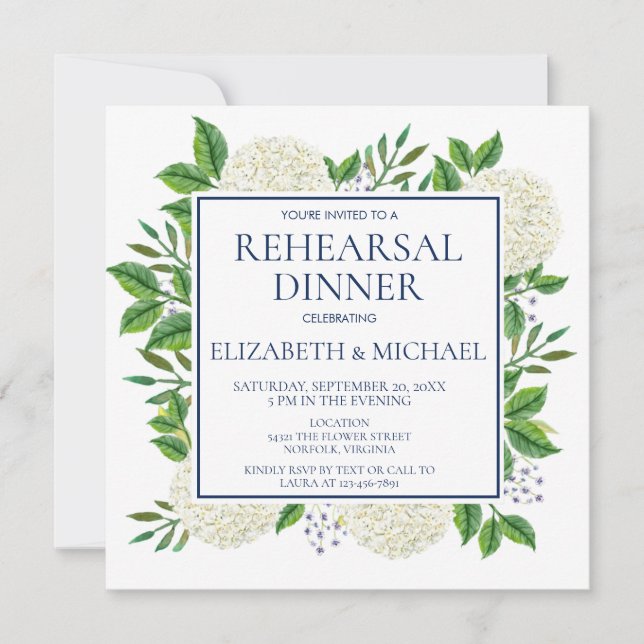 Invitación Ensayo de acuarela de hidrángulos blancos rusos (Anverso)