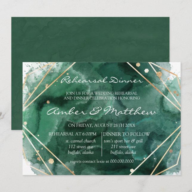 Invitación Ensayo De Acuarela De Purpurina Verde Y Oro (Anverso / Reverso)