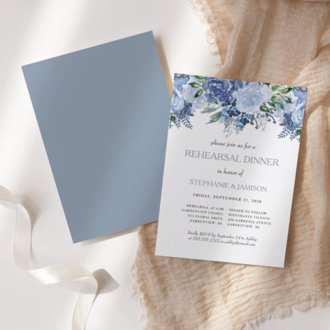 Invitación Ensayo de Boda azul agitado floral Cena (Subido por el creador)