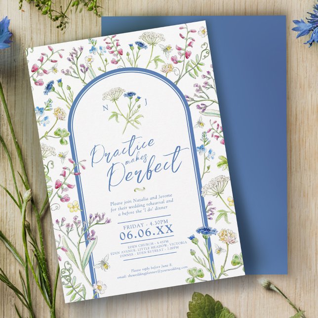 Invitación Ensayo de boda azul de acuarela de flores silvestr (Subido por el creador)