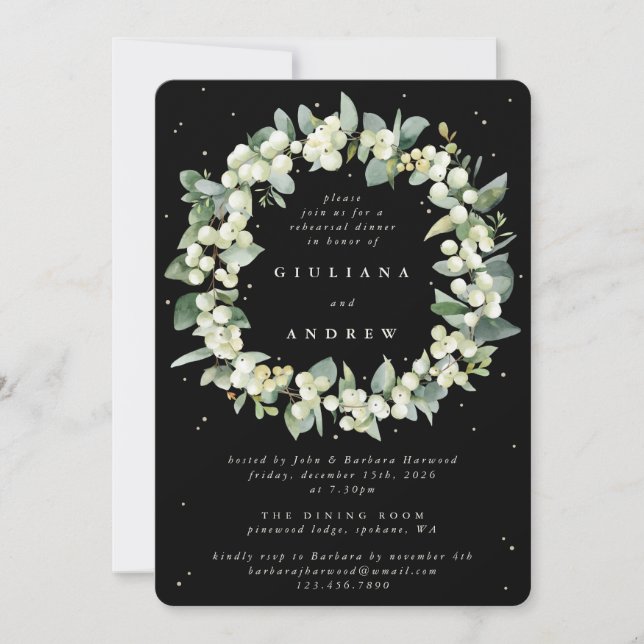 Invitación Ensayo de Boda Black Snowberry+Eucalyptus (Anverso)