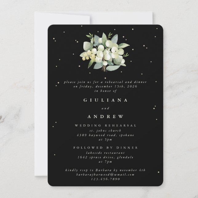Invitación Ensayo de Boda Black Snowberry+Eucalyptus (Anverso)