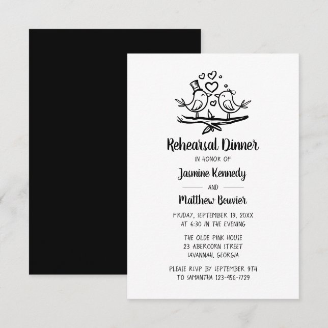 Invitación Ensayo de Boda blanco negro adorable cena (Anverso / Reverso)