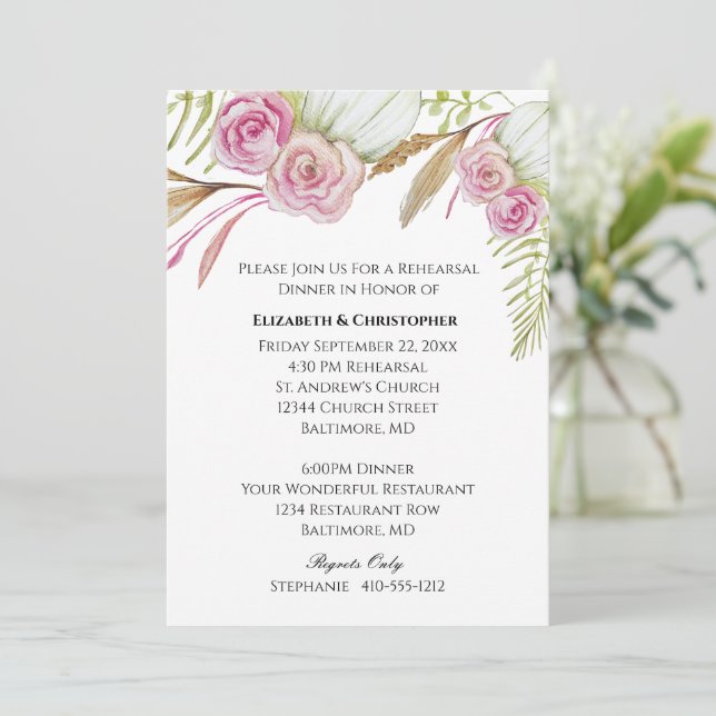 Invitación Ensayo de Boda Botánico Floral Verde Rosa  (Anverso de pie)