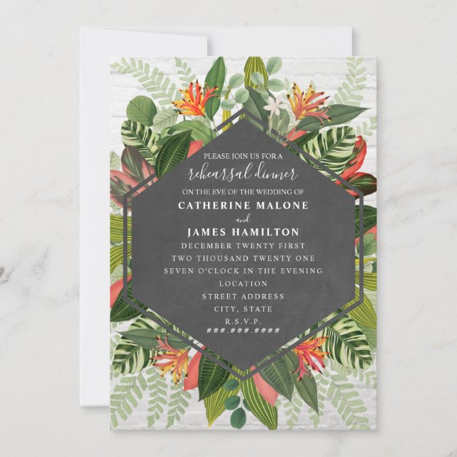 Invitación Ensayo de Boda botánico tropical ladrillo Cena (Anverso)