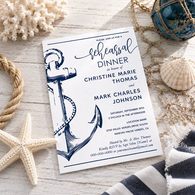 Invitación Ensayo de Boda Cena de Anclaje Náutico (Create your perfect invitation with this nautical anchor rehearsal dinner invitation.)
