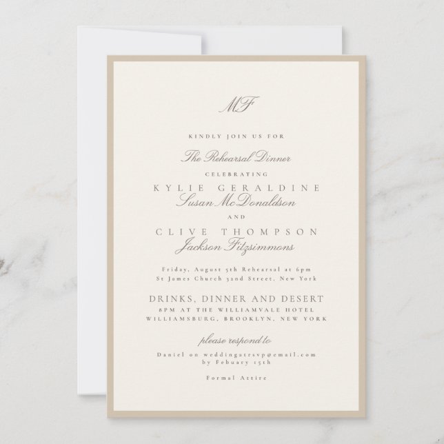 Invitación Ensayo de Boda Clásico Champán Taupe (Anverso)