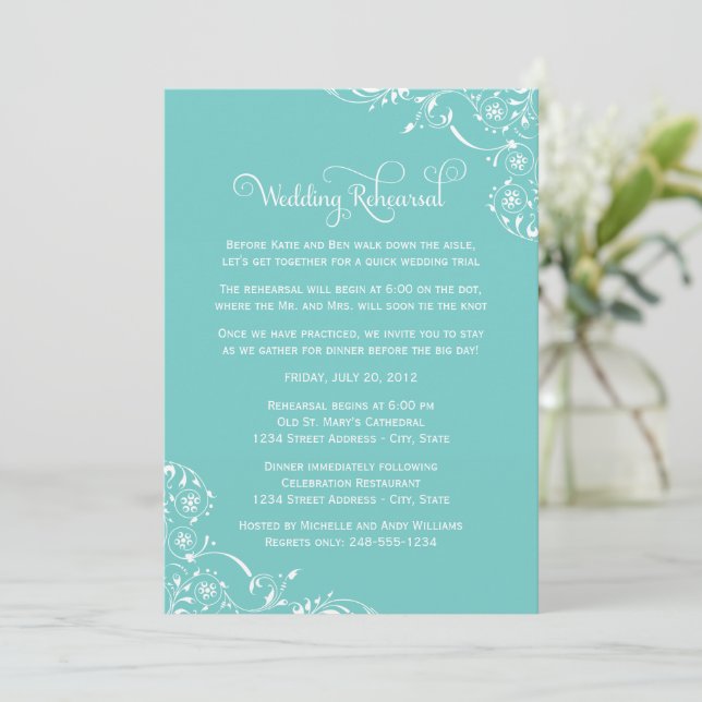 Invitación Ensayo de Boda con Aqua Flourish (Anverso de pie)