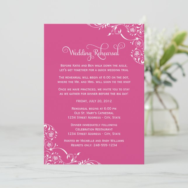 Invitación Ensayo de Boda con Florecimiento Rosa Caliente (Anverso de pie)