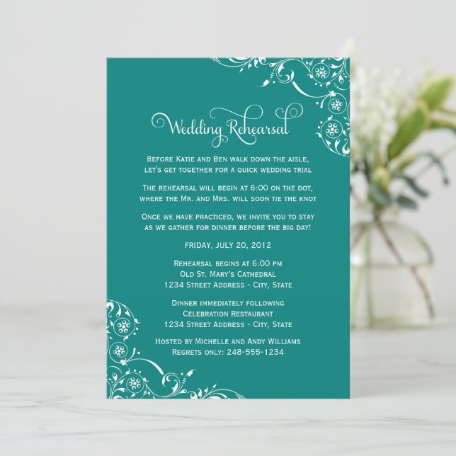 Invitación Ensayo de Boda con Florecimiento Turquesa (Anverso de pie)