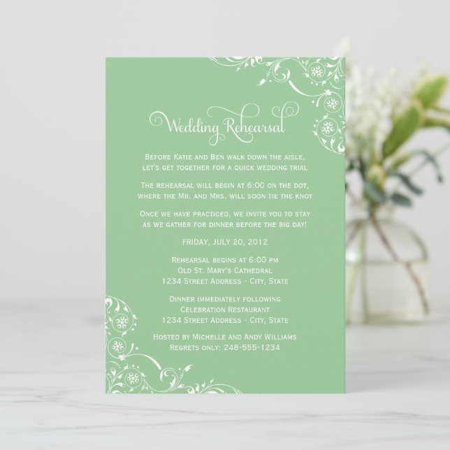 Invitación Ensayo de Boda con Florecimiento Verde Menta (Anverso de pie)