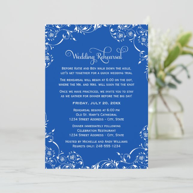 Invitación Ensayo de Boda con Floreo Azul Real (Anverso de pie)