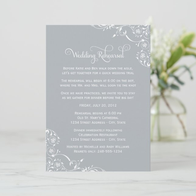Invitación Ensayo de Boda con Floreo de Plata (Anverso de pie)