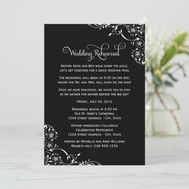 Invitación Ensayo de Boda con Floreo Negro (Anverso de pie)