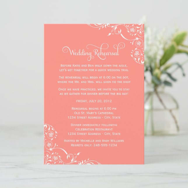 Invitación Ensayo de Boda Coral Flourish (Anverso de pie)