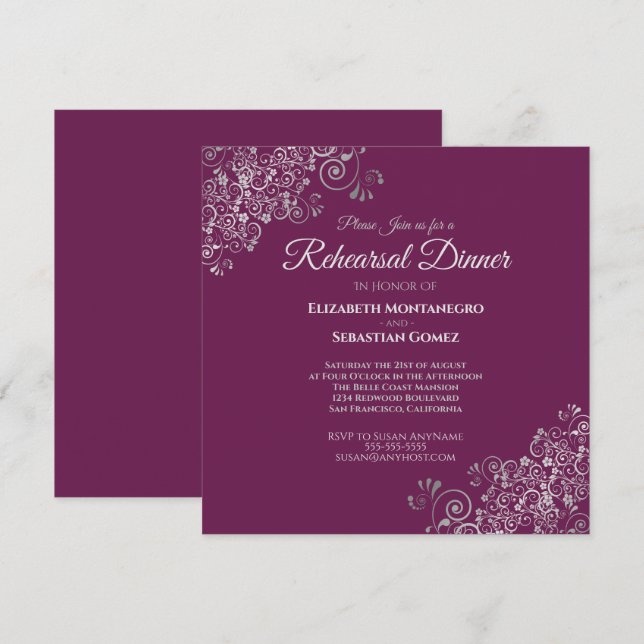 Invitación Ensayo de Boda cuadrado Silver y Cassis (Anverso / Reverso)