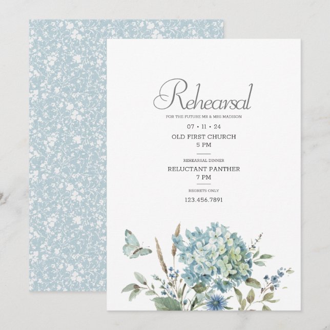 Invitación Ensayo de Boda de acuarela floral azul bohemio (Anverso / Reverso)