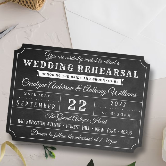 Invitación Ensayo de Boda de boletos de Chalkboard (Subido por el creador)