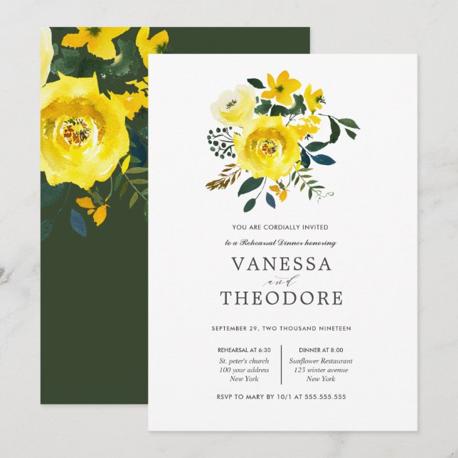 Invitación Ensayo de Boda de Bouquet amarillo vibrante (Anverso / Reverso)