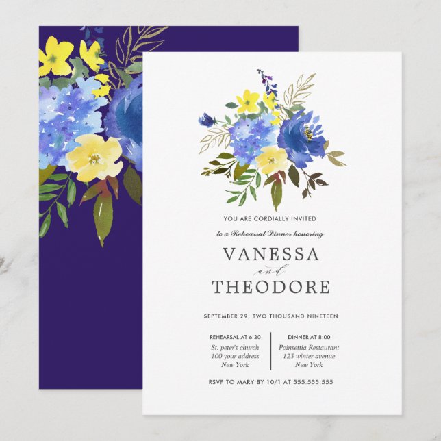 Invitación Ensayo de Boda de Bouquet amarillo y azul (Anverso / Reverso)