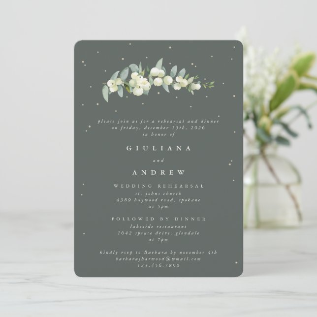 Invitación Ensayo de Boda de cerezo verde gris + eucalipto (Anverso de pie)