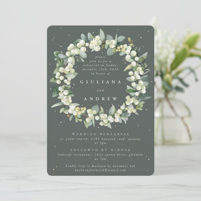 Invitación Ensayo de Boda de cerezo verde gris + eucalipto (Anverso de pie)