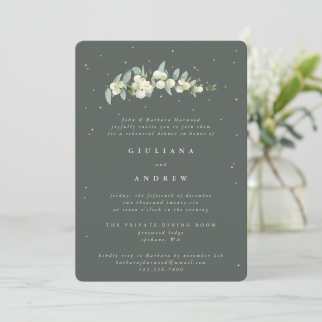 Invitación Ensayo de Boda de cerezo verde gris + eucalipto (Anverso de pie)