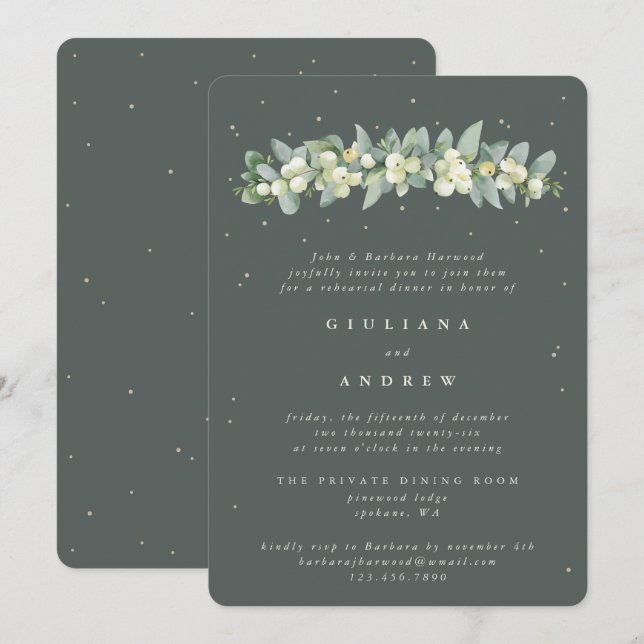 Invitación Ensayo de Boda de cerezo verde gris + eucalipto (Anverso / Reverso)