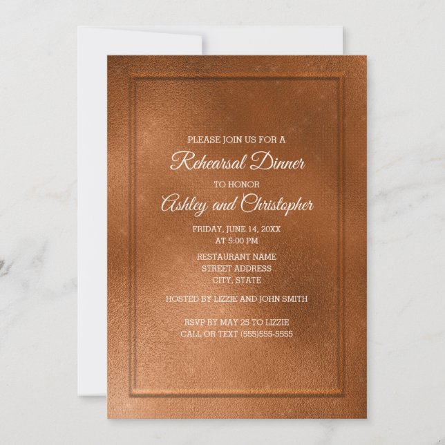 Invitación Ensayo de Boda de Cobre Elegante y Moderno (Anverso)