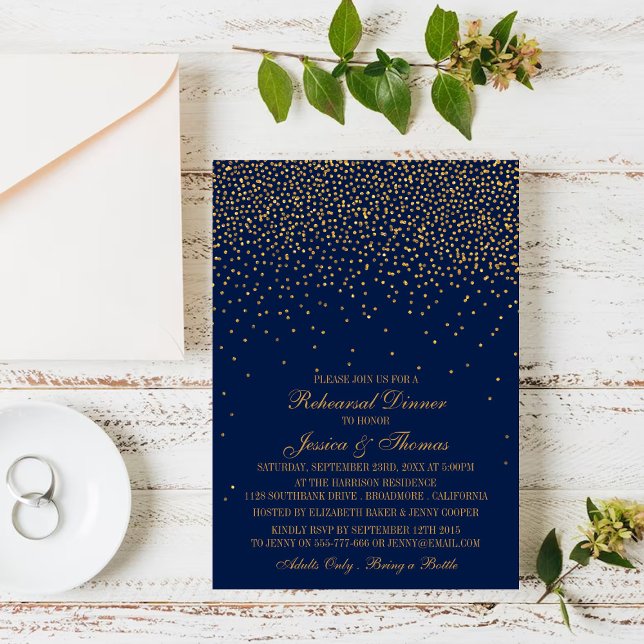 Invitación Ensayo de Boda de confeti de oro azul y glam (Subido por el creador)