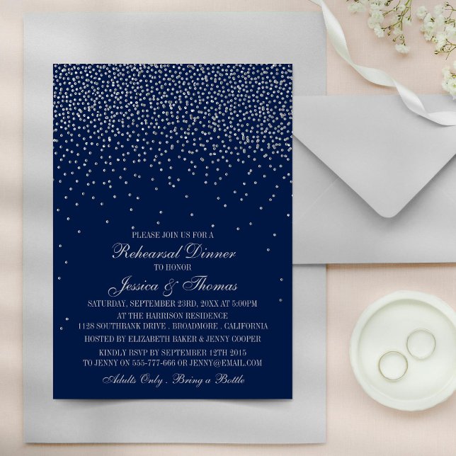 Invitación Ensayo de Boda de confetti azul y glam plateado de (Subido por el creador)