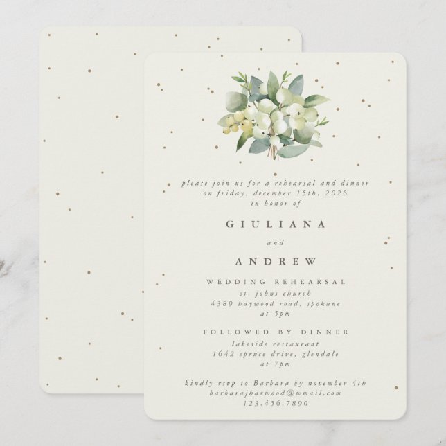Invitación Ensayo de Boda de Cream Snowberry+Eucalyptus (Anverso / Reverso)
