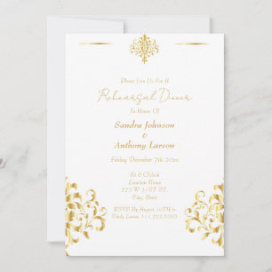 Invitación Ensayo de Boda de Damasco Dorado y Blanco Elegante