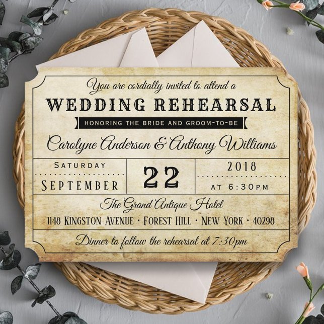 Invitación Ensayo de Boda de entradas antiguas (Subido por el creador)