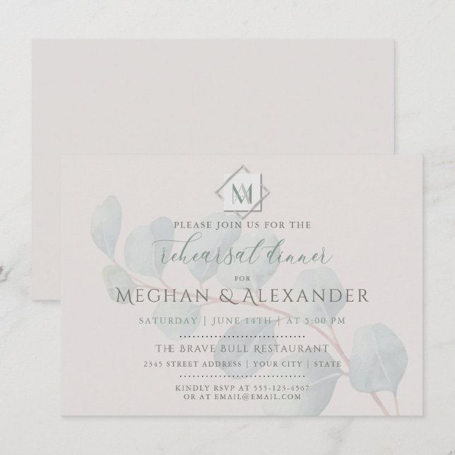 Invitación Ensayo de Boda de eucalipto de sabio plateado (Anverso / Reverso)