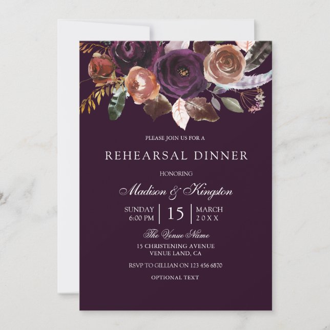 Invitación Ensayo de Boda de flores de ciruela morada (Anverso)
