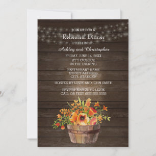 Invitación Ensayo de Boda de Flores Naranjas de Madera Rústic