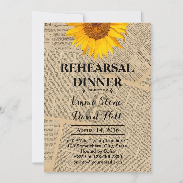Invitación Ensayo de Boda de girasol vintage (Anverso)