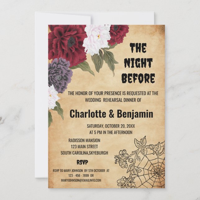 Invitación Ensayo de Boda de Halloween de época (Anverso)