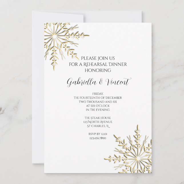 Invitación Ensayo de Boda de Invierno con copos de nieve de o (Anverso)