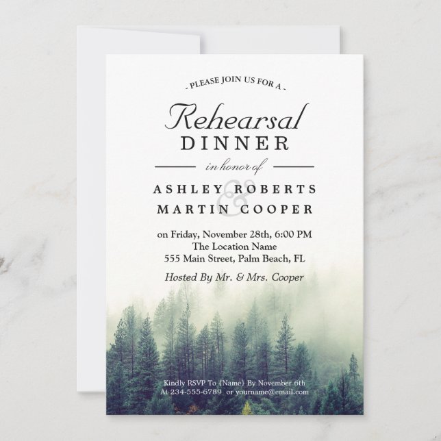 Invitación Ensayo de Boda de Invierno de Pine Tree Dinner (Anverso)