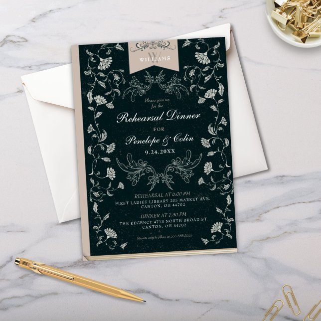 Invitación Ensayo de Boda de la cubierta del libro negro vint (Vintage Elegant Black and Tan Victorian Wedding Rehearsal Dinner Invitations for Library Chic)