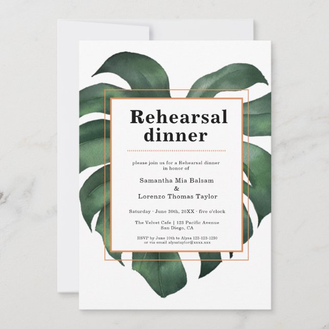 Invitación Ensayo de Boda de la hoja de Monstera Tropical (Anverso)