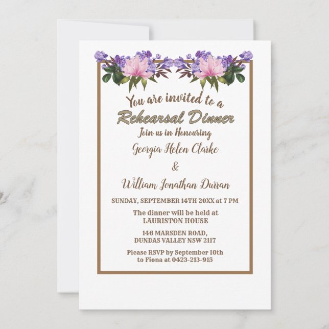 Invitación Ensayo de Boda de lavanda de Magnolia rosa (Anverso)