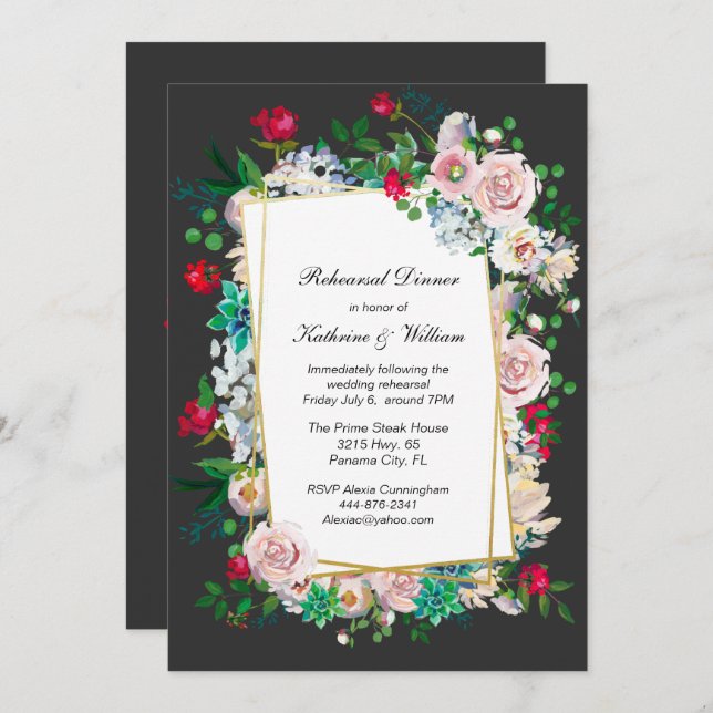 Invitación Ensayo de Boda de marco gris y floral (Anverso / Reverso)