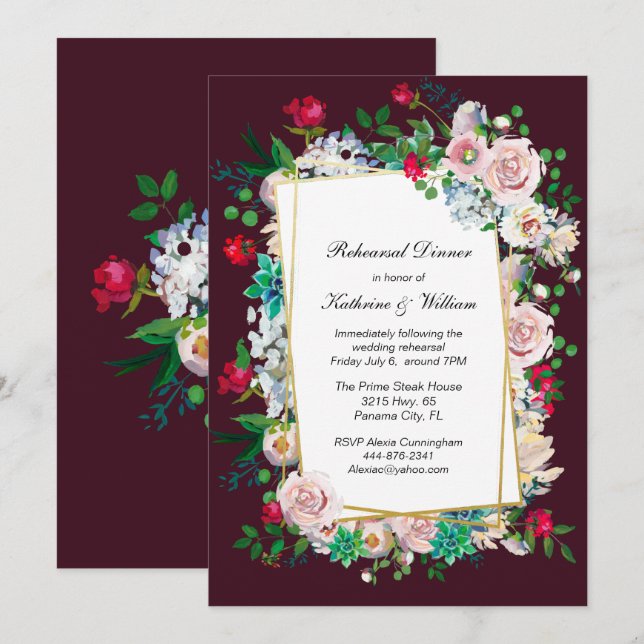Invitación Ensayo de Boda de marco marrón y floral (Anverso / Reverso)
